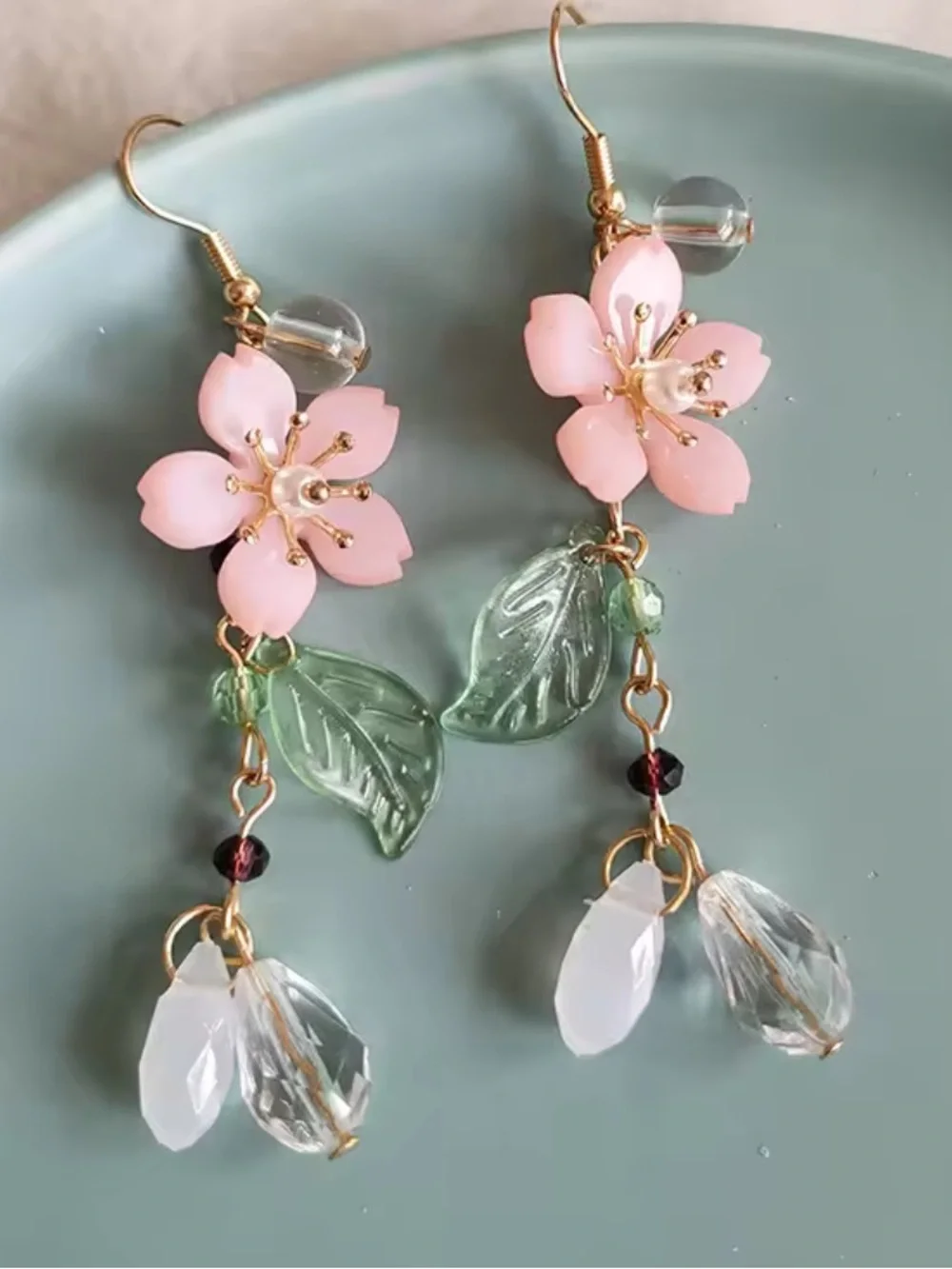 New Pink Floral Dangle Earrings with Green Leaves